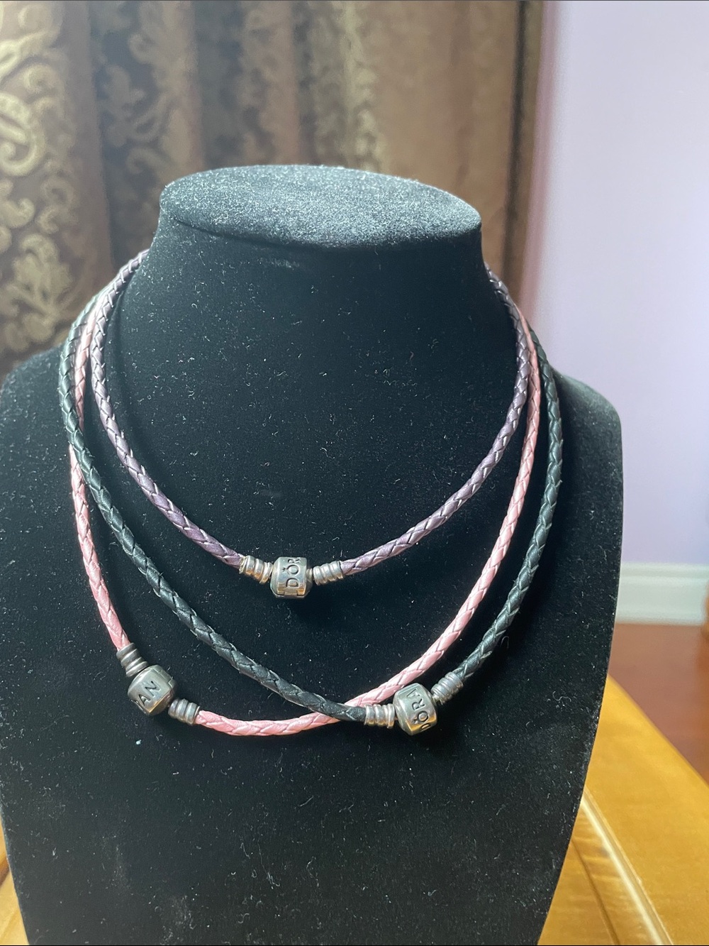 Pandora Pink, Black and Purple Braided Leather Bracelet/Necklace Trio Like New